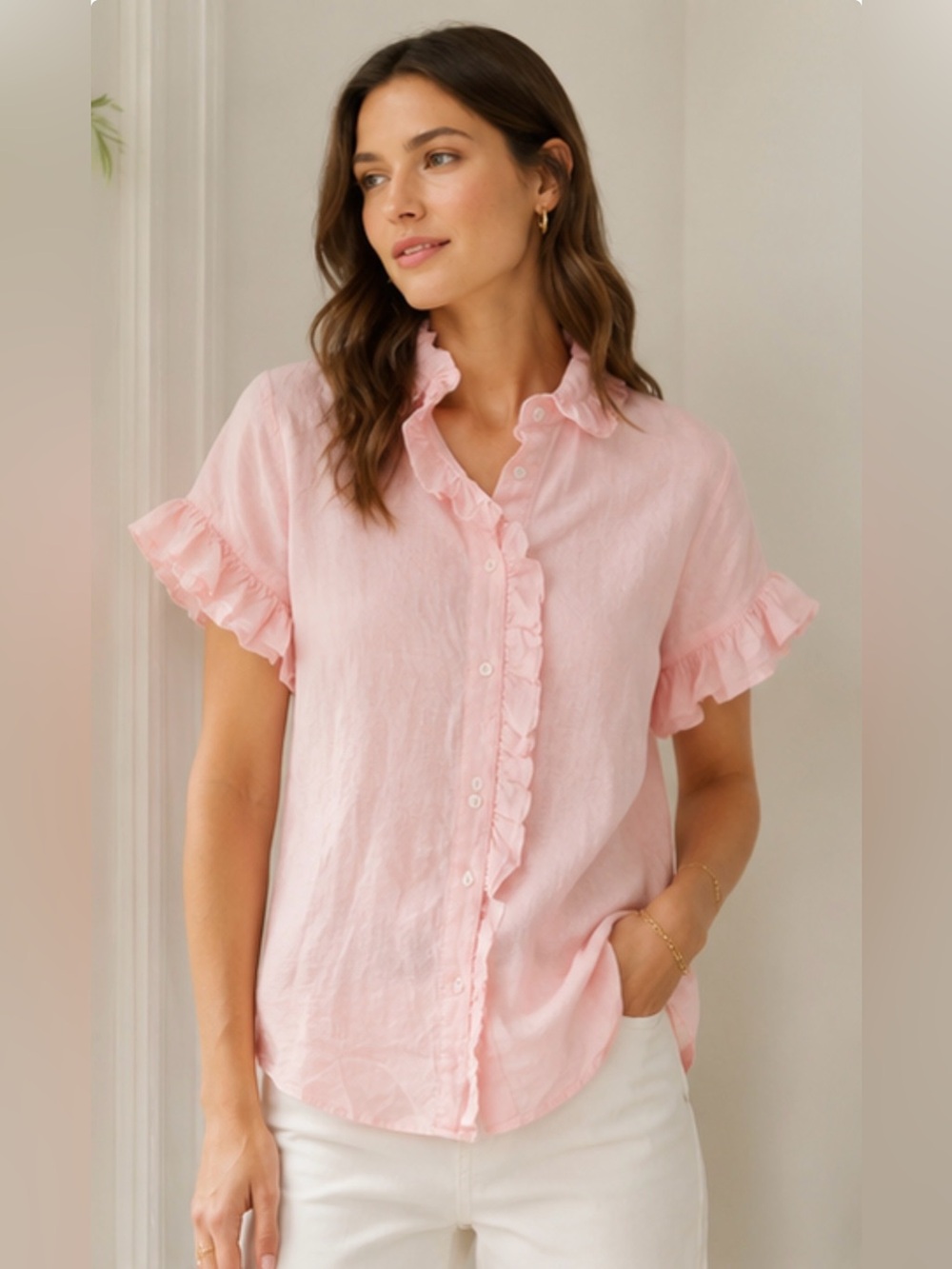 J.Crew Pink 100% Linen Ruffle Short Sleeve Blouse Top Size 12